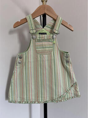 Vintage Y2K The Children's Place Green/Orange Striped Overall Dress - 18 Months